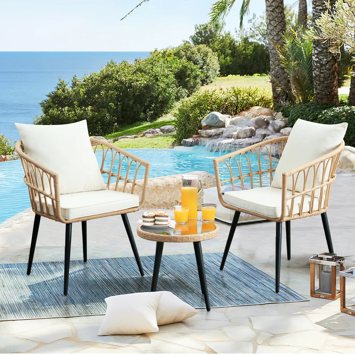 2026 NewFHFO 3 Piece Patio Bistro Set, Outdoor Wicker Apartment Balcony Furniture Sets, Rattan Table and Chairs Set of 2 for Porch Backyard Lawn Poolside Deck, Beige