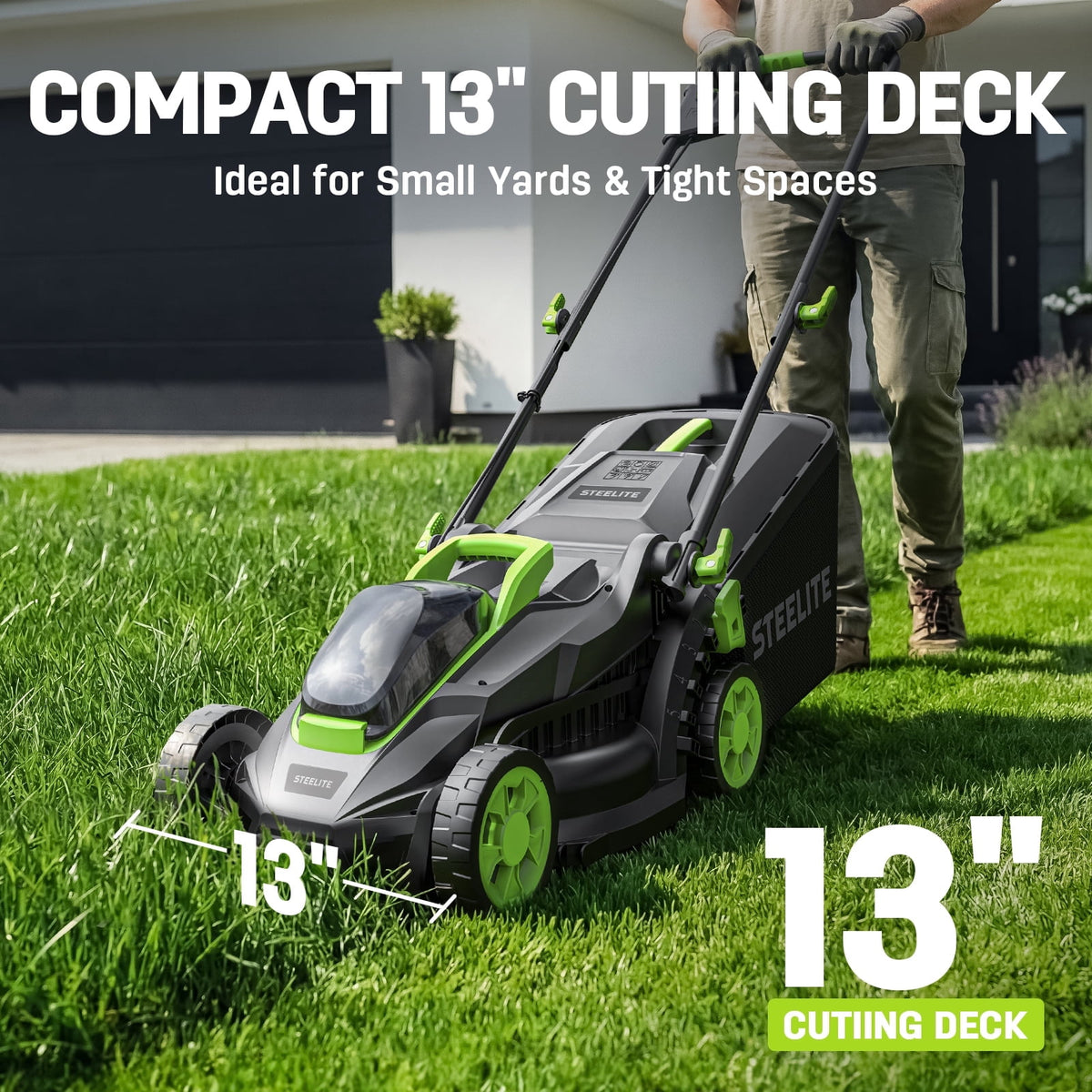 Steelite 13-Inch Cordless Lawn Mower, 21V Electric Lawn Mowers with Brushless Motor for Garden,5 Heights Adjustment, 4.0Ah Battery & Charger Included