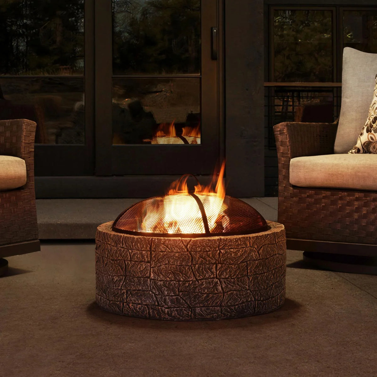 2026 NewSunjoy Stone Fire Pit 26 Inch, Outdoor Round Wood Burning Fire Pits with Spark Screen and Poker Grey