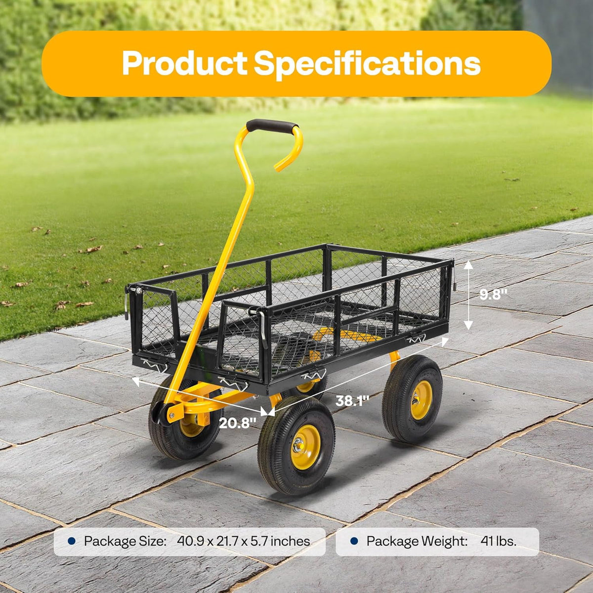 SPECSTAR Mesh Steel Garden Cart 880lb. Capacity, 38" x 21" with Removable Sides and 10 inch Wheels
