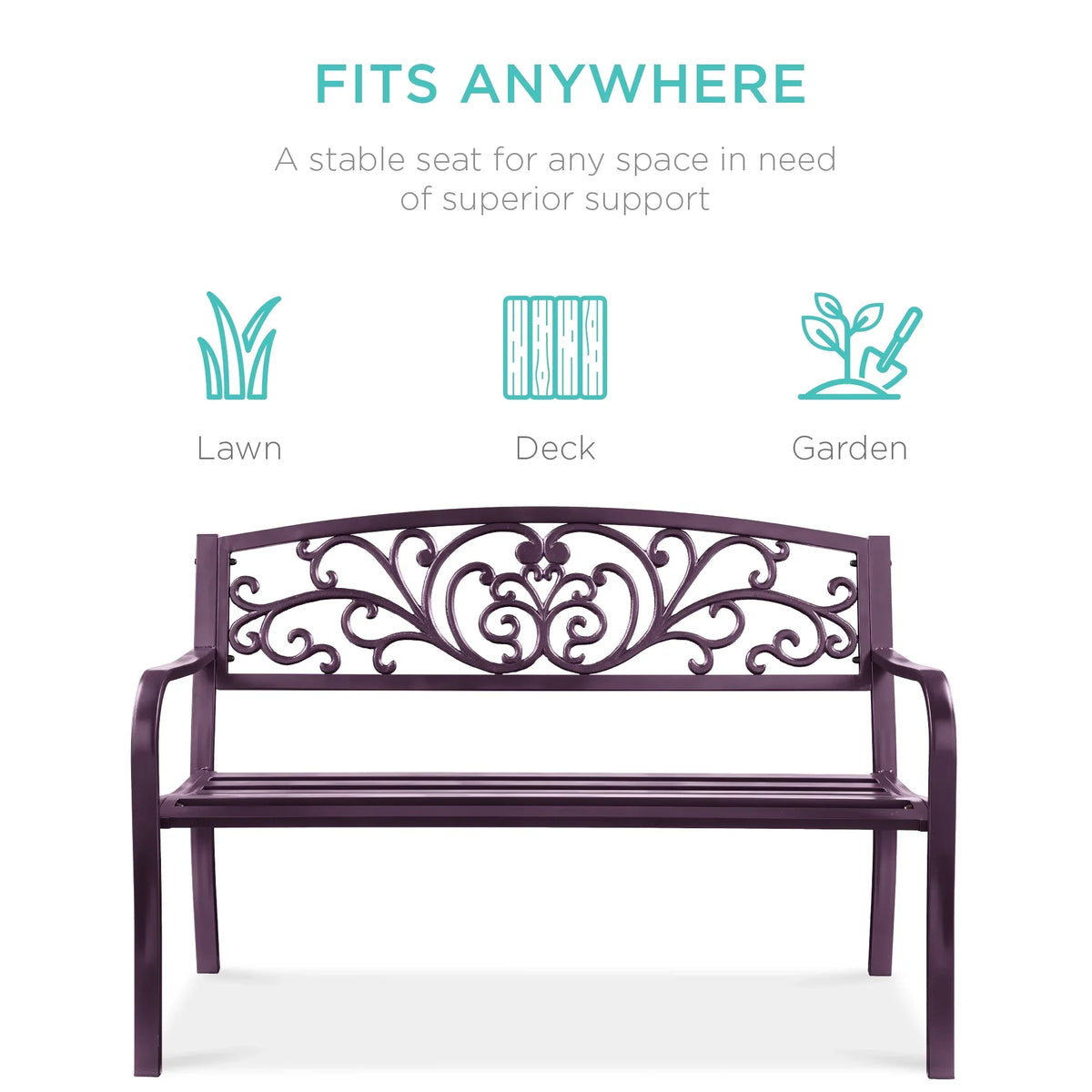 2026 NewBest Choice Products Outdoor Steel Bench Garden Patio Porch Furniture w/ Floral Design Backrest - Black