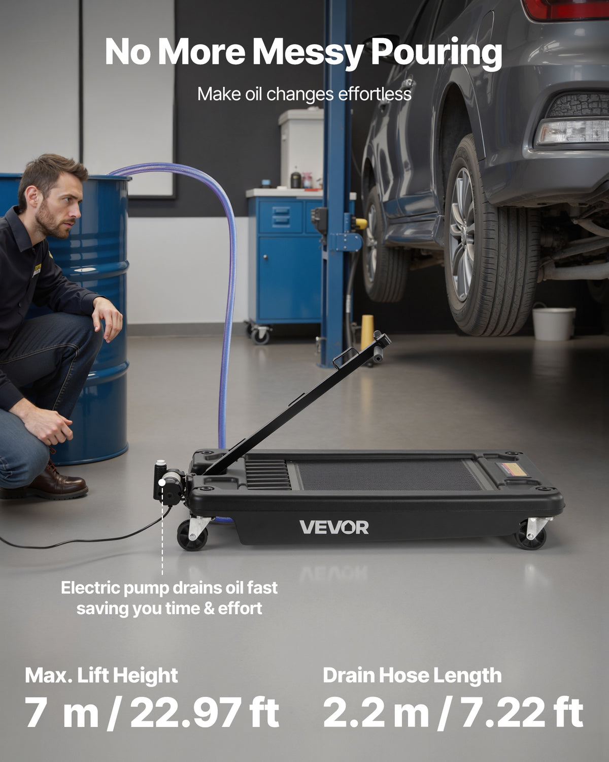 VEVOR Low Profile Oil Drain Pan, 17 Gallon Capacity, Rolling Oil Drain Pan with Electric Pump, 7.2 ft Hose & T Folding Handle, Leak-proof & Corrosion-resistant, Fit for Cars
