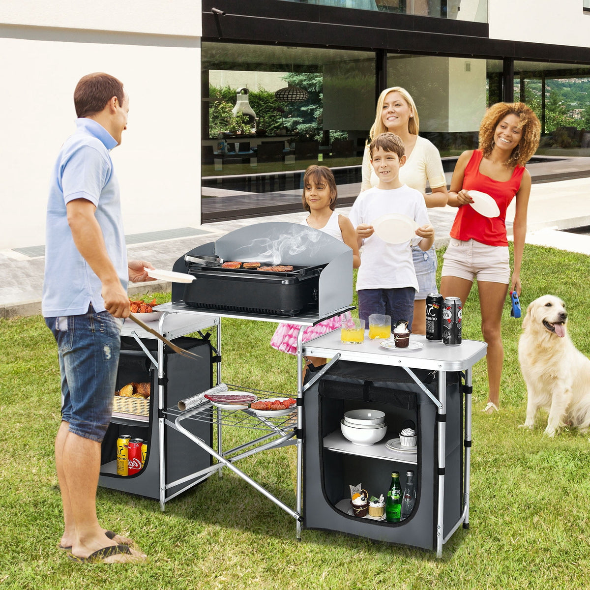 Patiojoy Portable Camping Kitchen Table Aluminum Fold-Up Camping Kitchen with Windscreen for BBQ, Picnic, Party Gray