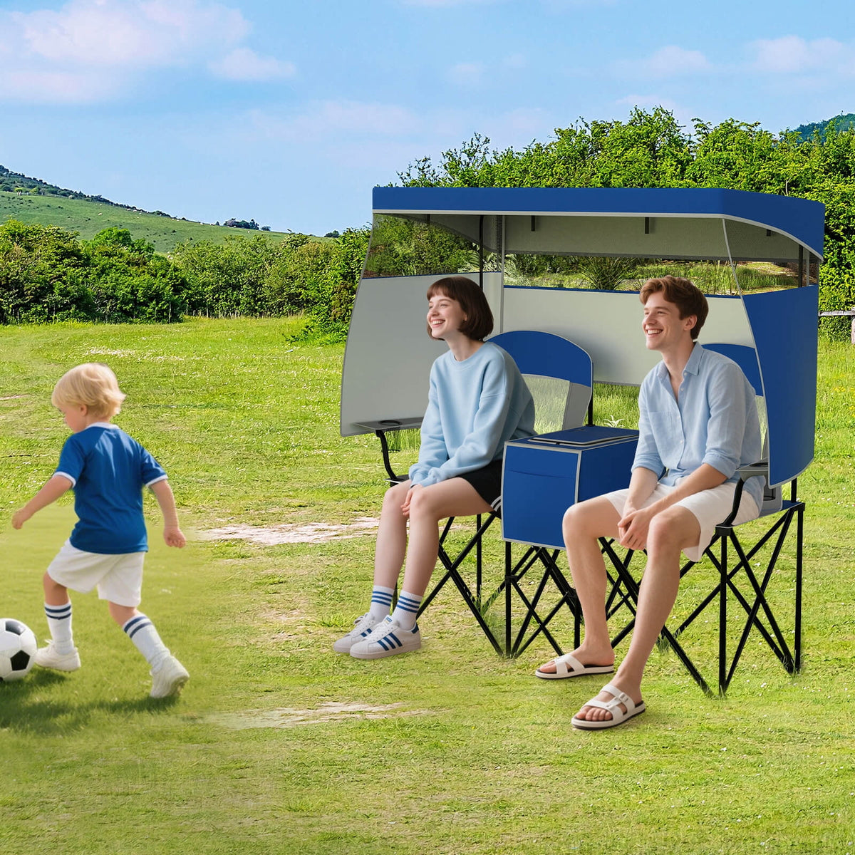 Costway Double Beach Chair with Adjustable Canopy Oversized Folding Camping Chair Navy