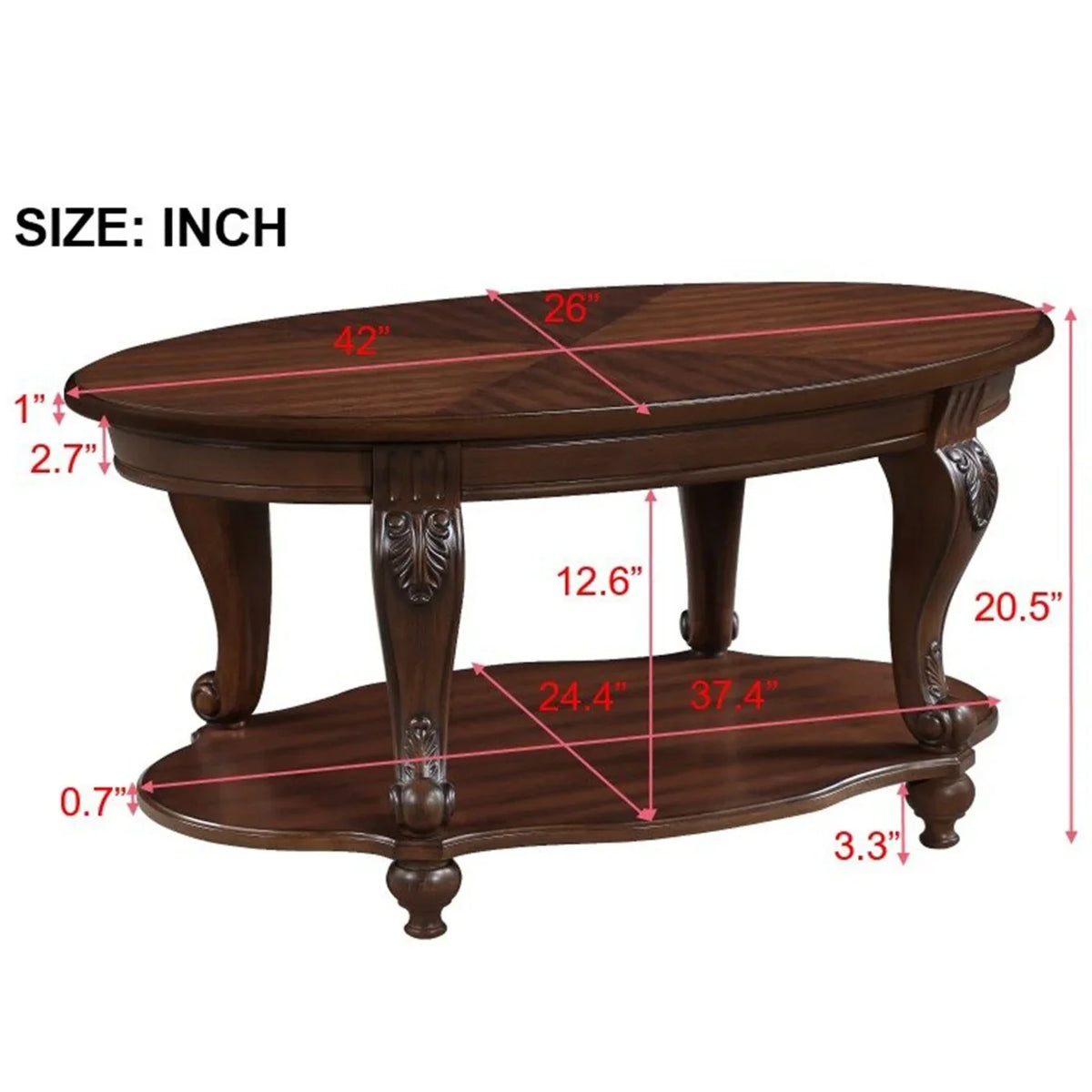 2026 New42" Oval Coffee Table with Storage Shelf, 2-Tier Solid Wood Cocktail Tea Table, Traditional Retro Center Table for Living Room, Bearing 400LBS, Cherry