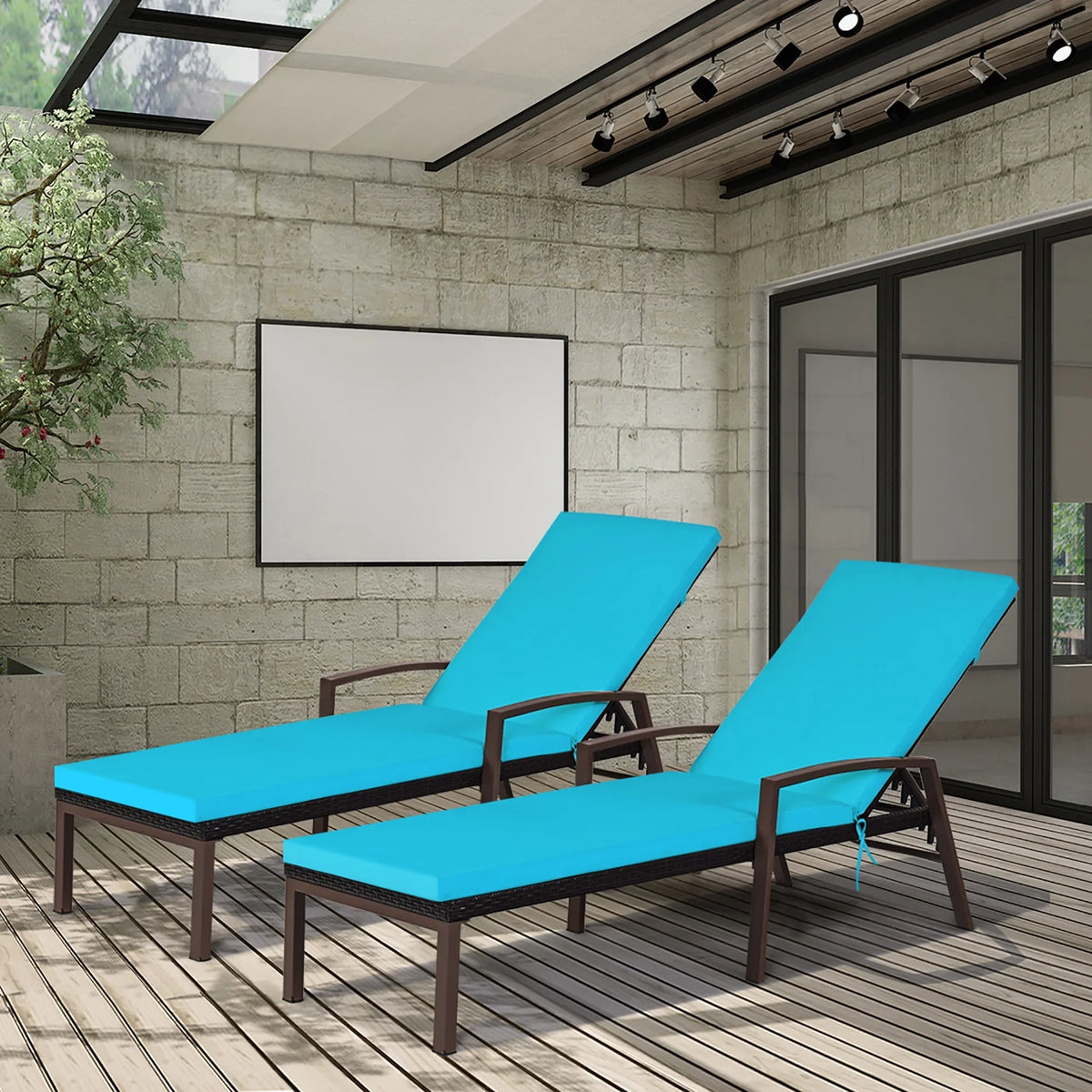 2026 NewCostway 2PCS Patio Rattan Lounge Chair Chaise Recliner Back Adjustable Cushioned Red