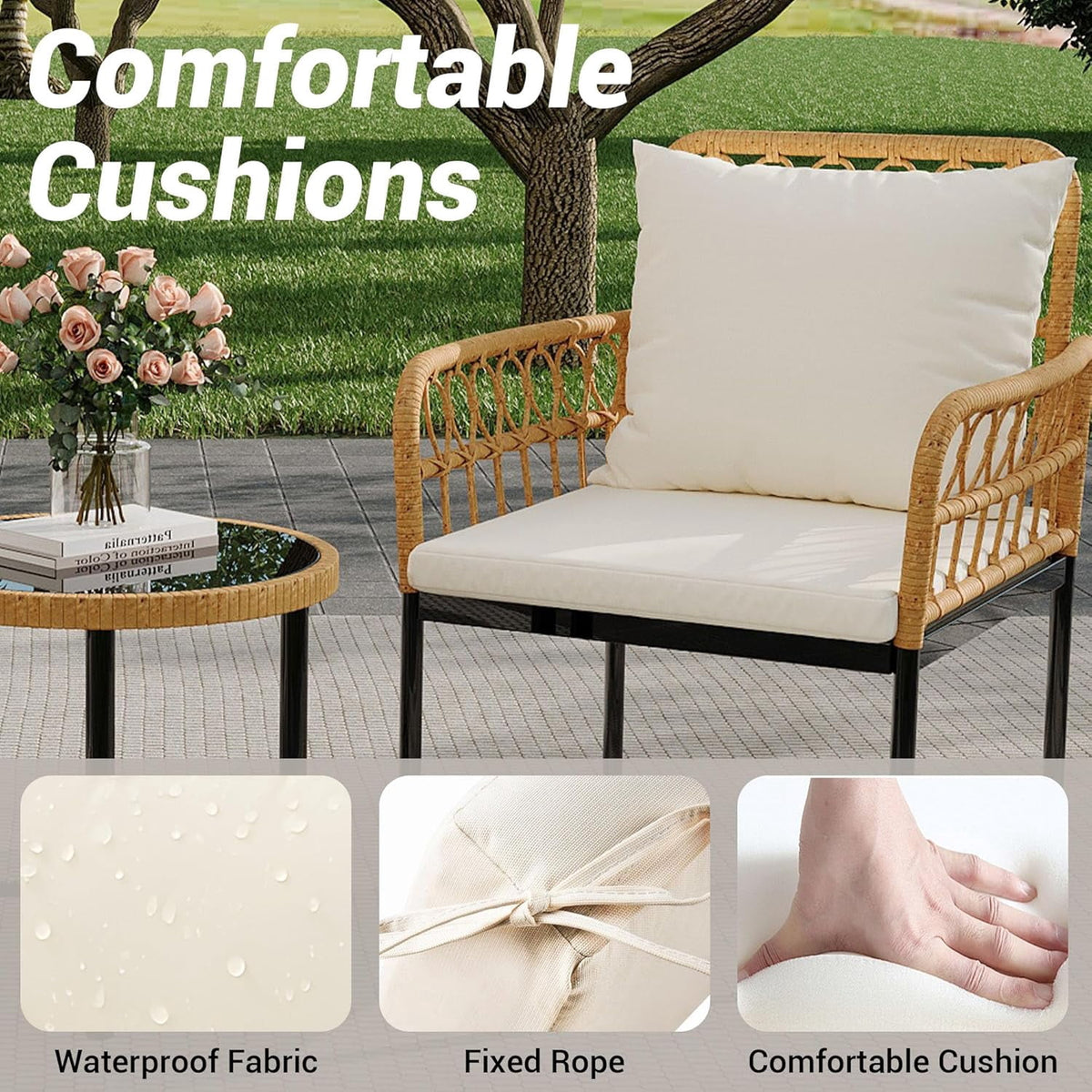 Ourlova 3 Piece Outdoor Patio Furniture Set All Weather Rattan Patio Bistro Set with Glass Top Side Table Cushions All-Weather Rattan Balcony Furniture Set for Porch Backyard Lawn Apartment