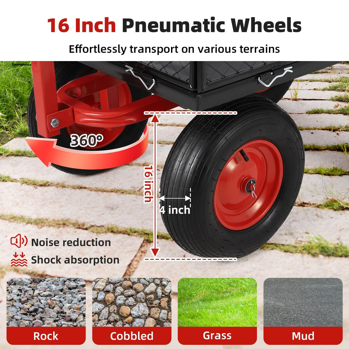 EDTara Steel Garden Dump Cart, Heavy Duty Utility Wagon with Removable Side Panels, 180° Adjustable Handle and 16 Inch All Terrain Wheels for Yard and Farm Tasks