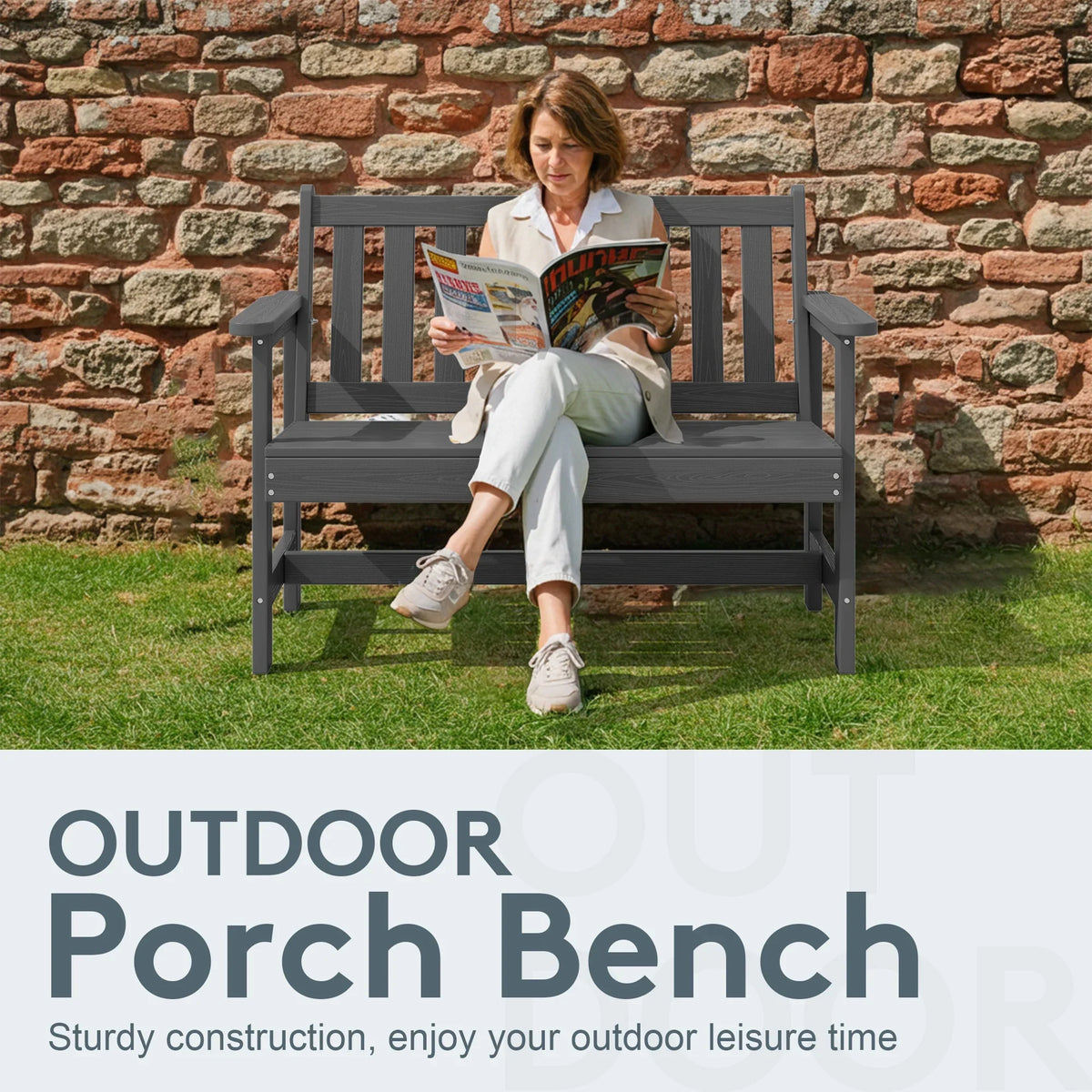 2026 NewSERWALL Outdoor Bench for 2-Person, Weather-Resistant HDPE with Aluminum Reinforcement, Supports 660 lbs, Comfortable Seating for Patio, Garden, and Porch, Black