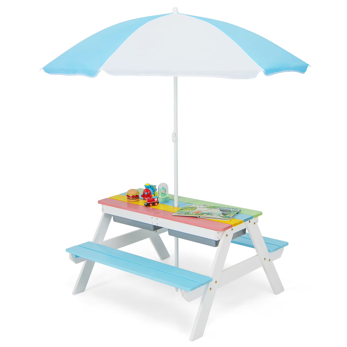 2026 NewCostway 3-in-1 Kids Picnic Table Wooden Outdoor Sand & Water Table with Umbrella Play Boxes Green