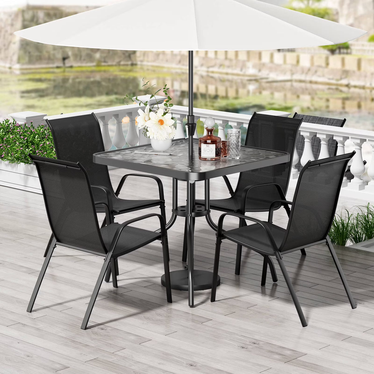 2026 NewPirecart 5-Piece Outdoor Patio Dining Table Set with 4 Stackable Textilene Chairs for for Patio, Lawn, Garden, Gray