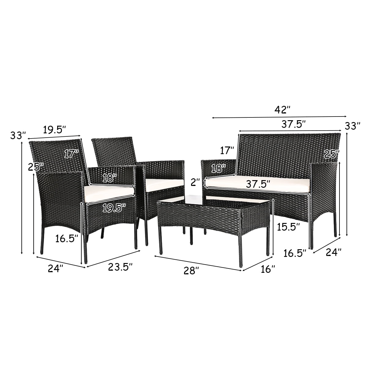Costway 4-Piece Outdoor Patio Furniture Set Wicker Set Conversation Set for Balcony Backyard Garden Poolside