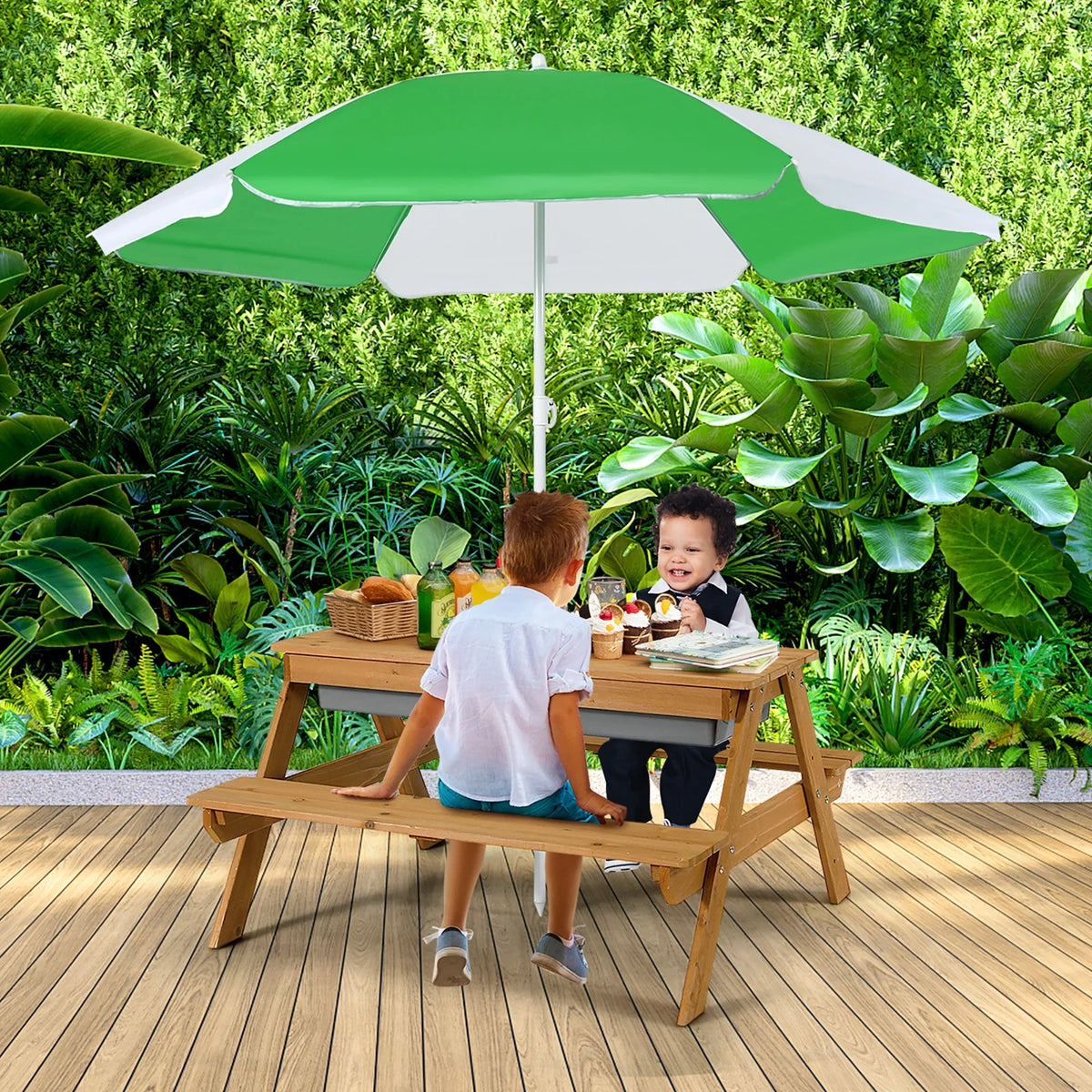 2026 NewCostway 3-in-1 Kids Picnic Table Wooden Outdoor Sand & Water Table with Umbrella Play Boxes Green