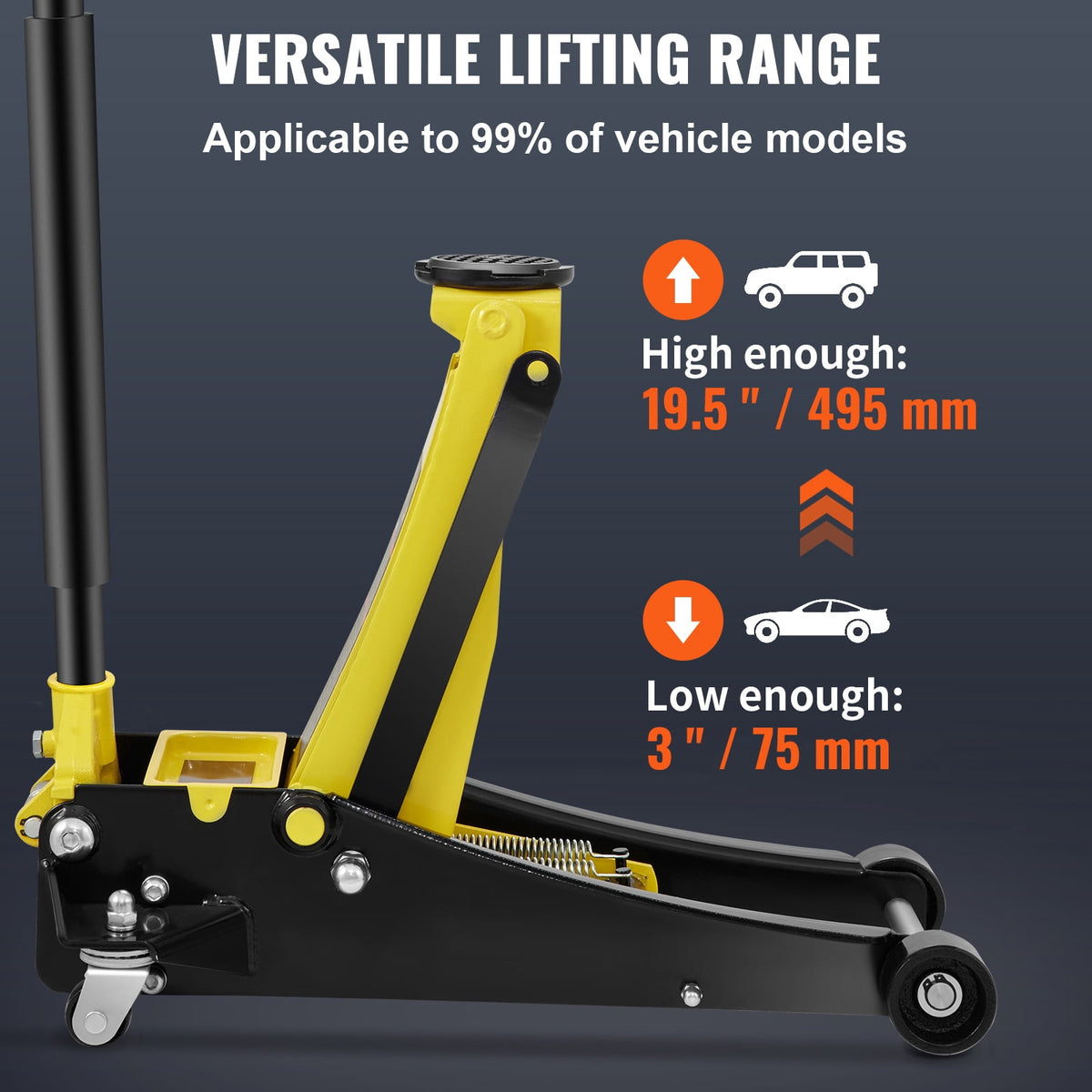KFFKFF Floor Jack, 3 Ton Compact Ground Jack, Robust Steel Sport Ground Jack with Twin Pistons Rapid Elevate Pump, Elevation Range 3.35"-19.69"