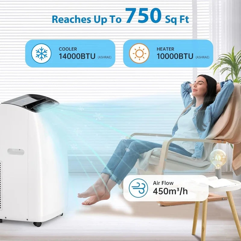 2026 NewPortable Air Conditioners, 14000 BTU Air Conditioner for Rooms Up to 750 Sq.Ft, AC Unit with Heat, Sleep Mode, Dehumidifier, Fan, Remote Control, 24H Timer, Easy Setup for Bedrooms, Black Top