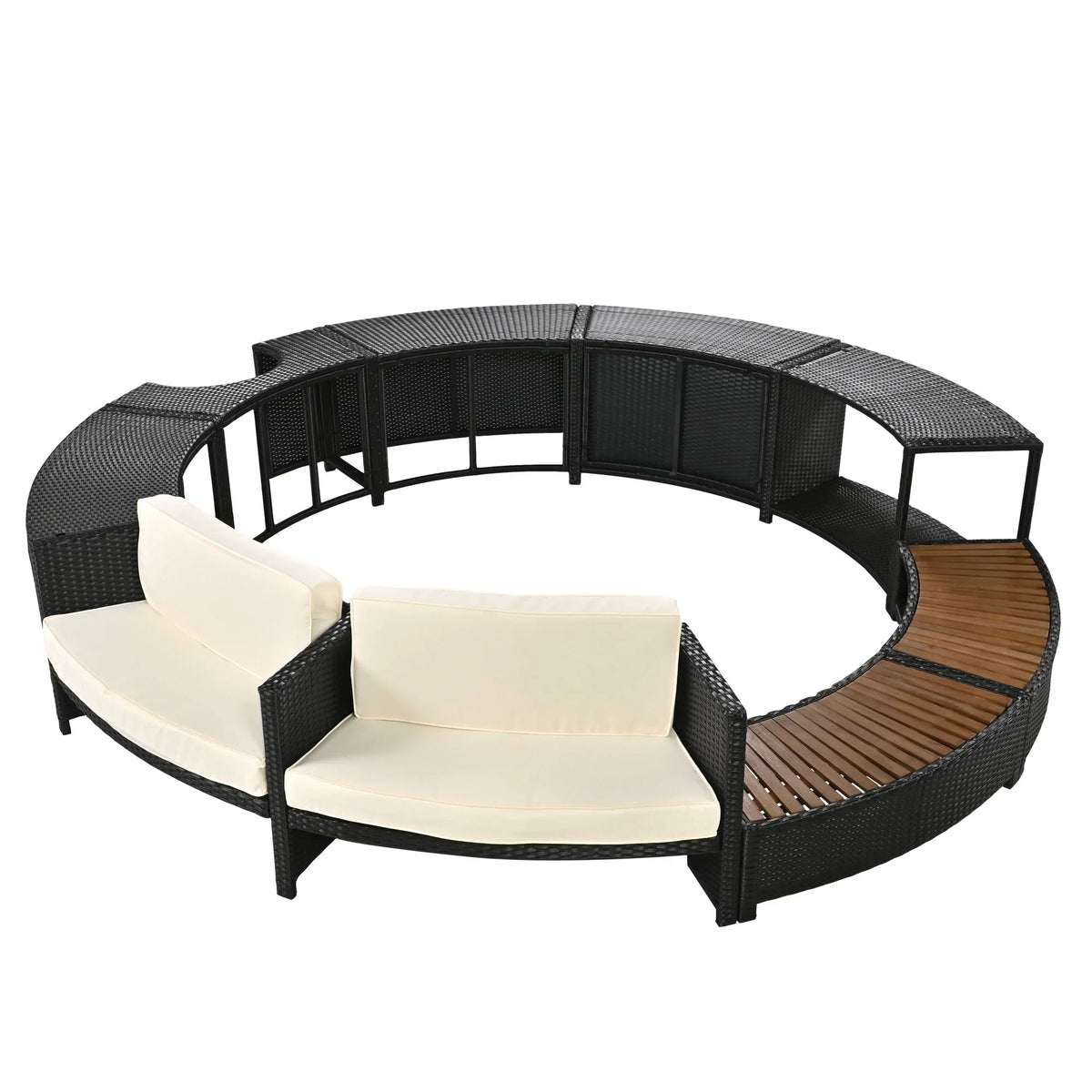 2026 NewRound Hot Tub Surround Furniture, Spa Surround Outdoor Rattan Sectional Sofa Set with Mini Sofa, Solid Acacia Wood Hot Tub Storage Surround Patio Furniture Set, Gray Cushion