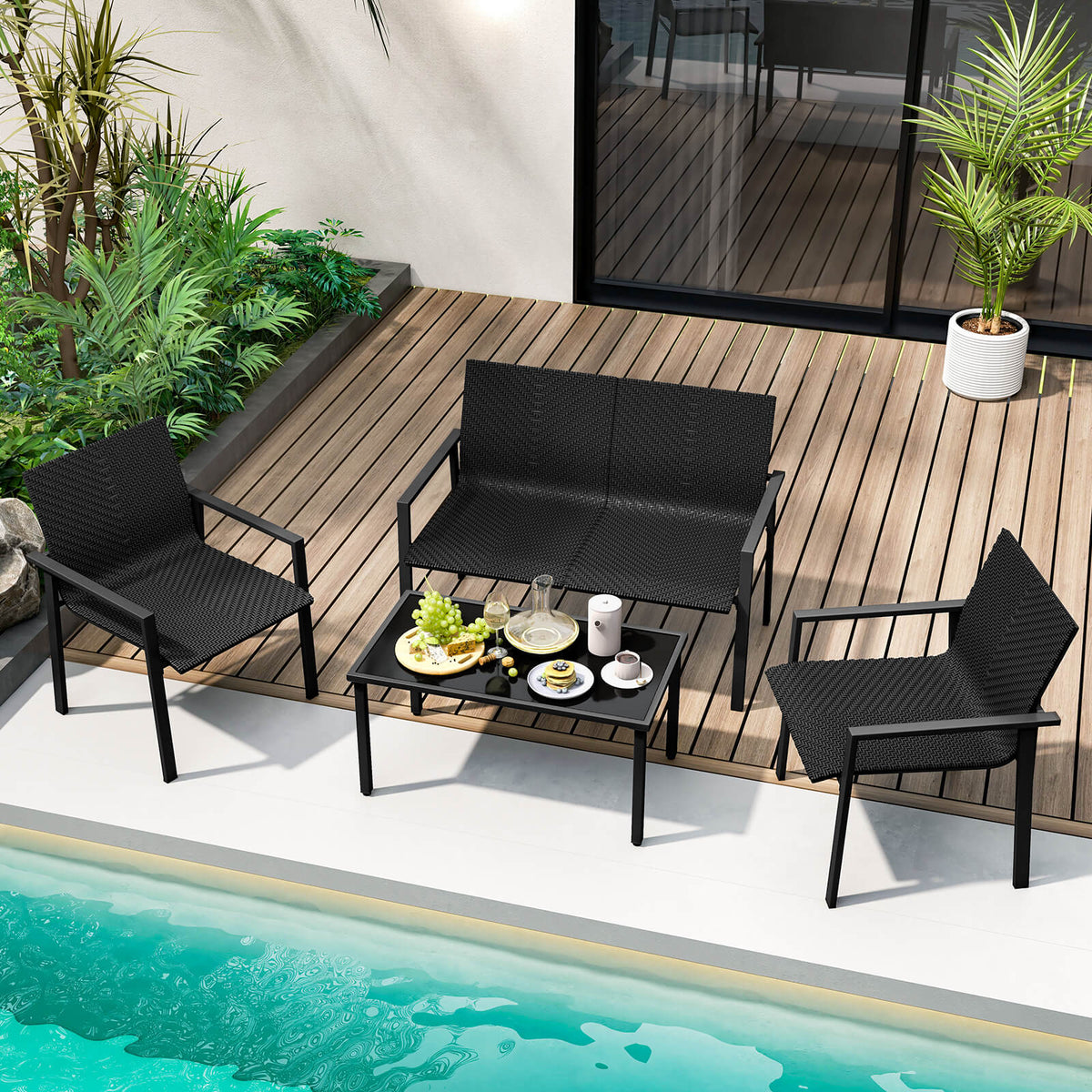 Costway 4 PCS Outdoor Wicker Patio Furniture Set w/ Heavy-Duty Galvanized Metal Frame Black
