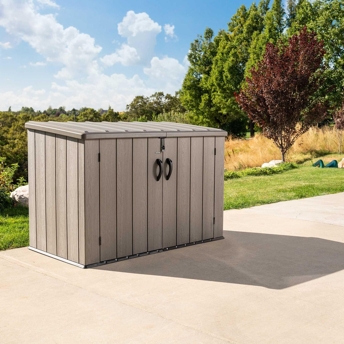 2026 NewLifetime Lockable DIY Polyethylene Horizontal Storage Shed, 75 cubic ft., Light Brown (60341)