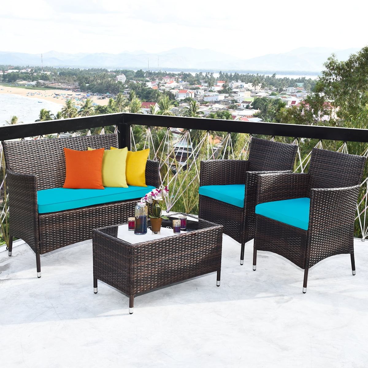 Patiojoy 4PCS Patio Rattan Wicker Furniture Set Sofa Chair Table Set w Turquoise Cushions