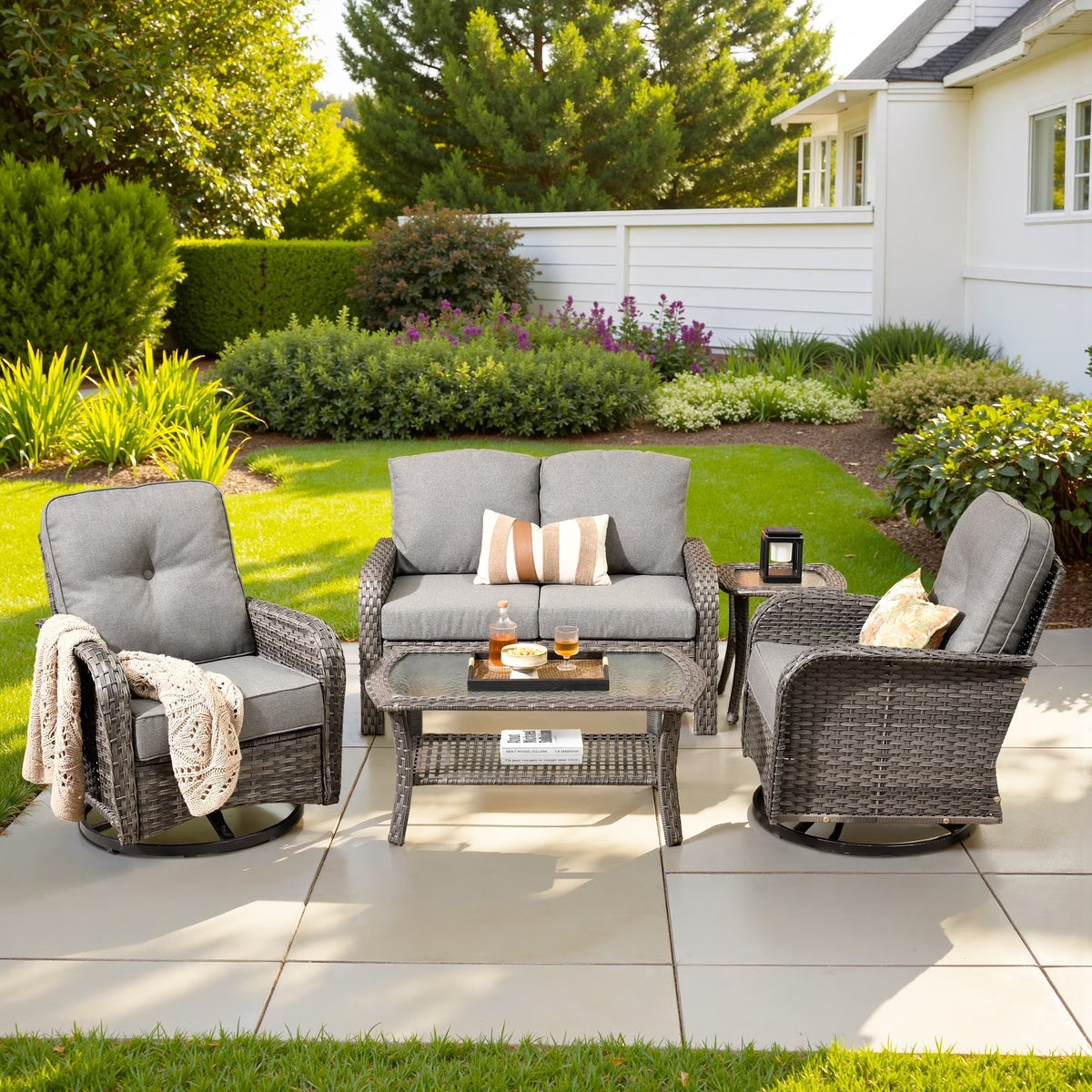 2026 NewOvios 5 Pieces Outdoor Patio Furniture Set High Back All Weather Wicker Conversation Set with Swivel Chairs & Coffee Table, Dark Gray