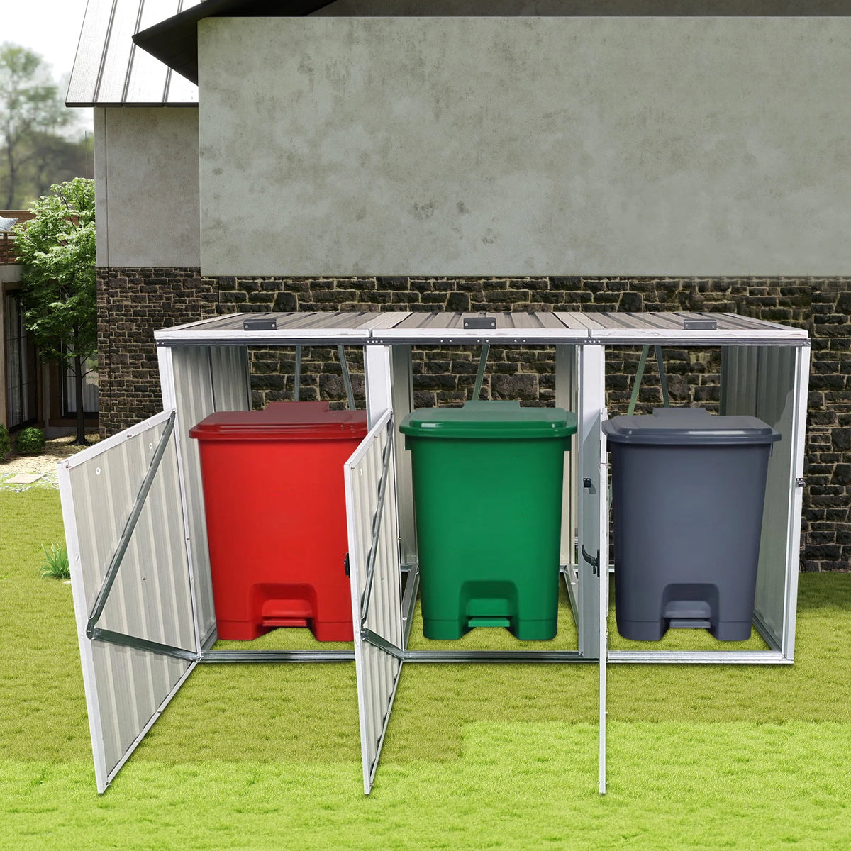 2026 NewAukfa 7.3' W Outdoor Garbage Bin Storage, Metal Storage Shed for 3 Trash Cans Tools, Waterproof Trash Can Storage