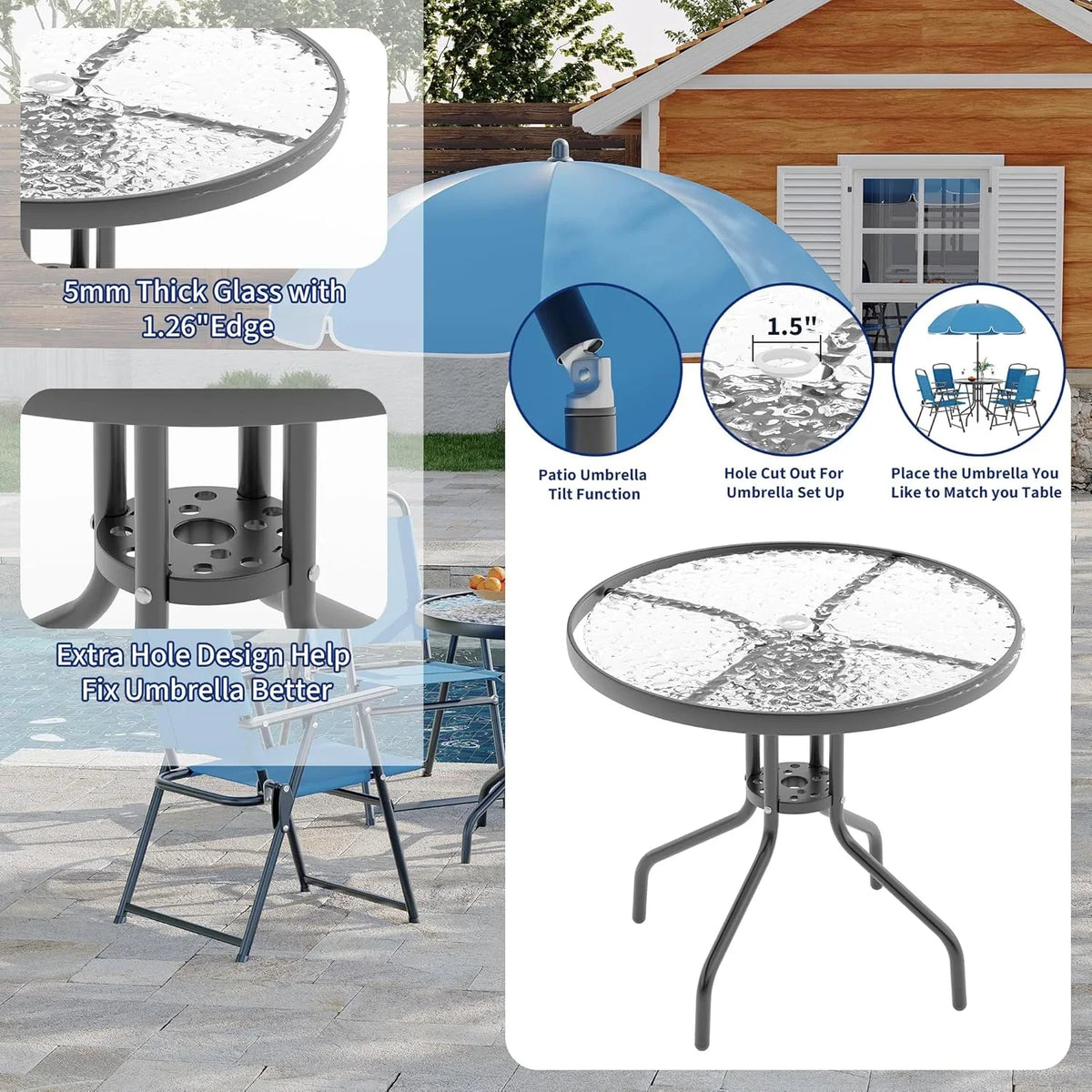2026 New6 Pieces Outdoor Dining Set With Umbrella, Patio Table and 4 Folding Chairs With Umbrella, Garden Patio Furniture Set With Umbrellas, Tempered Glass Top Dining Table