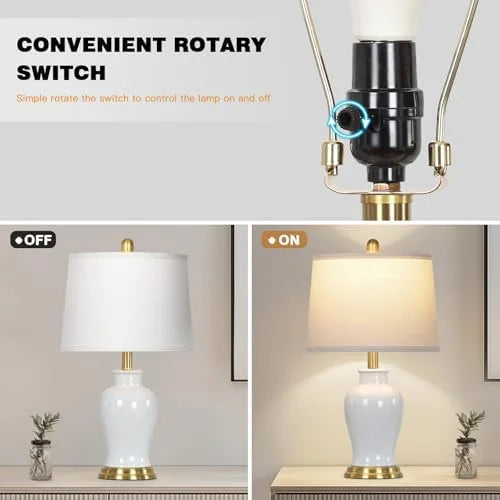 2026 NewModern Ceramic Table Lamps Set of 2, 23" White Ceramic Lamps for Living Room, Rustic Farmhouse Bedside Lamp with Ginger Jar Design, Elegant Bedroom Lamp for Nightstand Desk Side End Table Home Decor