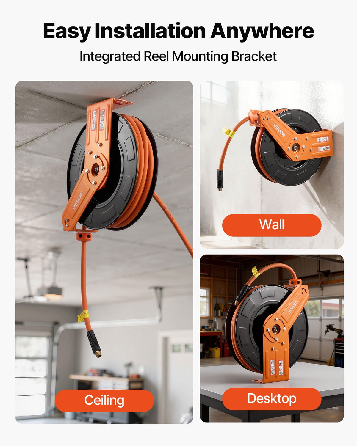 VEVOR Retractable Air Hose Reel, 1/2 Inch x 65 FT Rubber Air Hose Max 300PSI, Auto Rewind Air-Compressor Hoses Reel