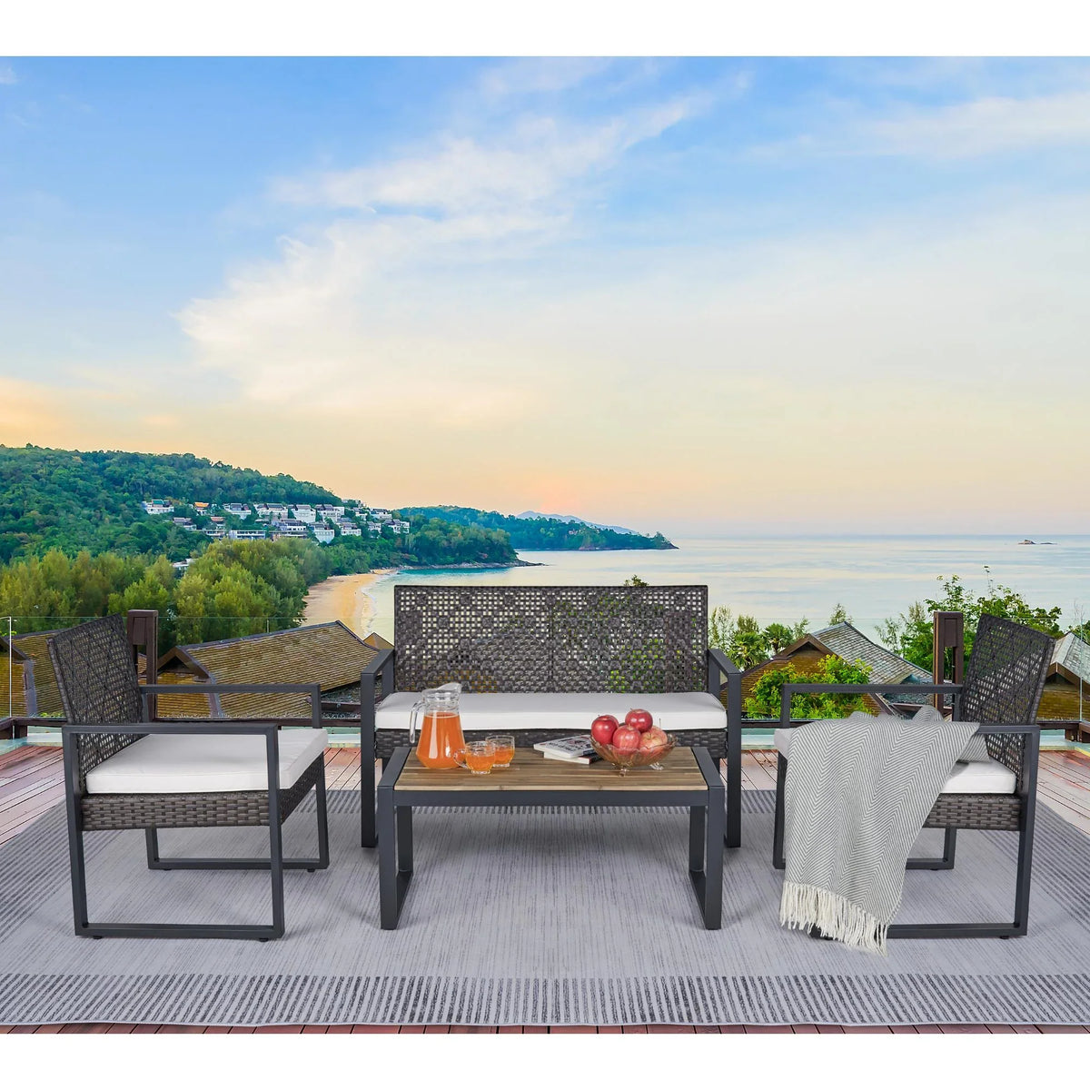 2026 NewHeavy-duty Patio Furniture Set, 4 Piece Outdoor Sectional Conversation Sets, BrownPE Rattan Patio Sofa Set with Blue Cushions