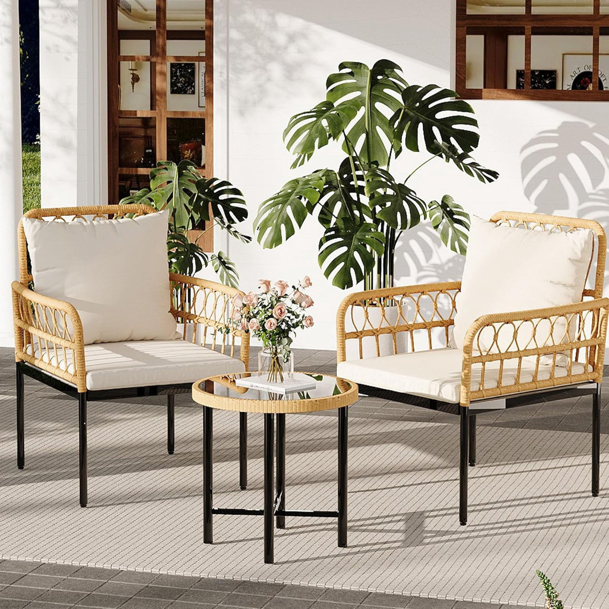 Ourlova 3 Piece Outdoor Patio Furniture Set All Weather Rattan Patio Bistro Set with Glass Top Side Table Cushions All-Weather Rattan Balcony Furniture Set for Porch Backyard Lawn Apartment