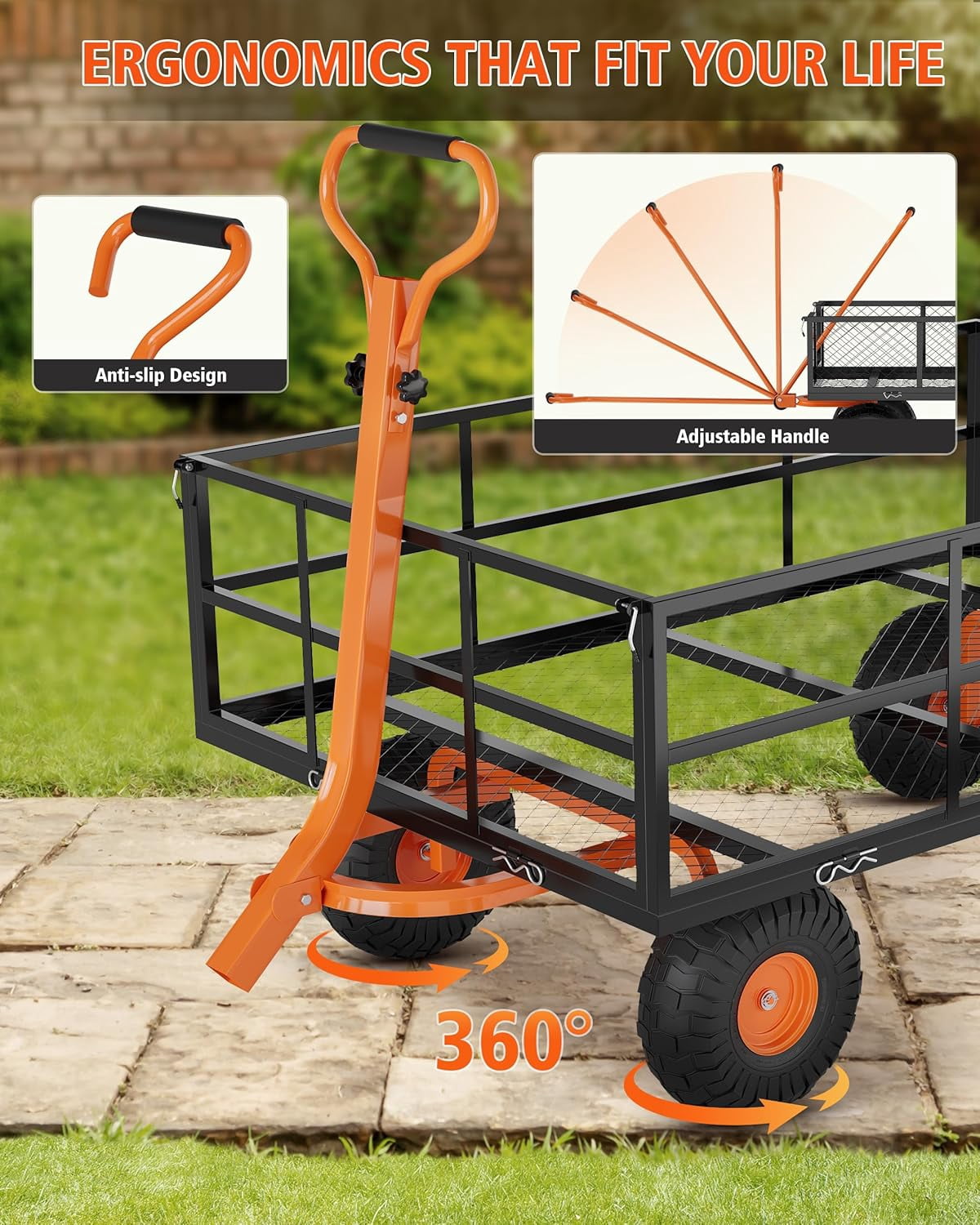 2-in-1 Garden Cart 1200 lb Capacity Steel Wagon with Removable Sides 13 In Tires and Rotating Handle