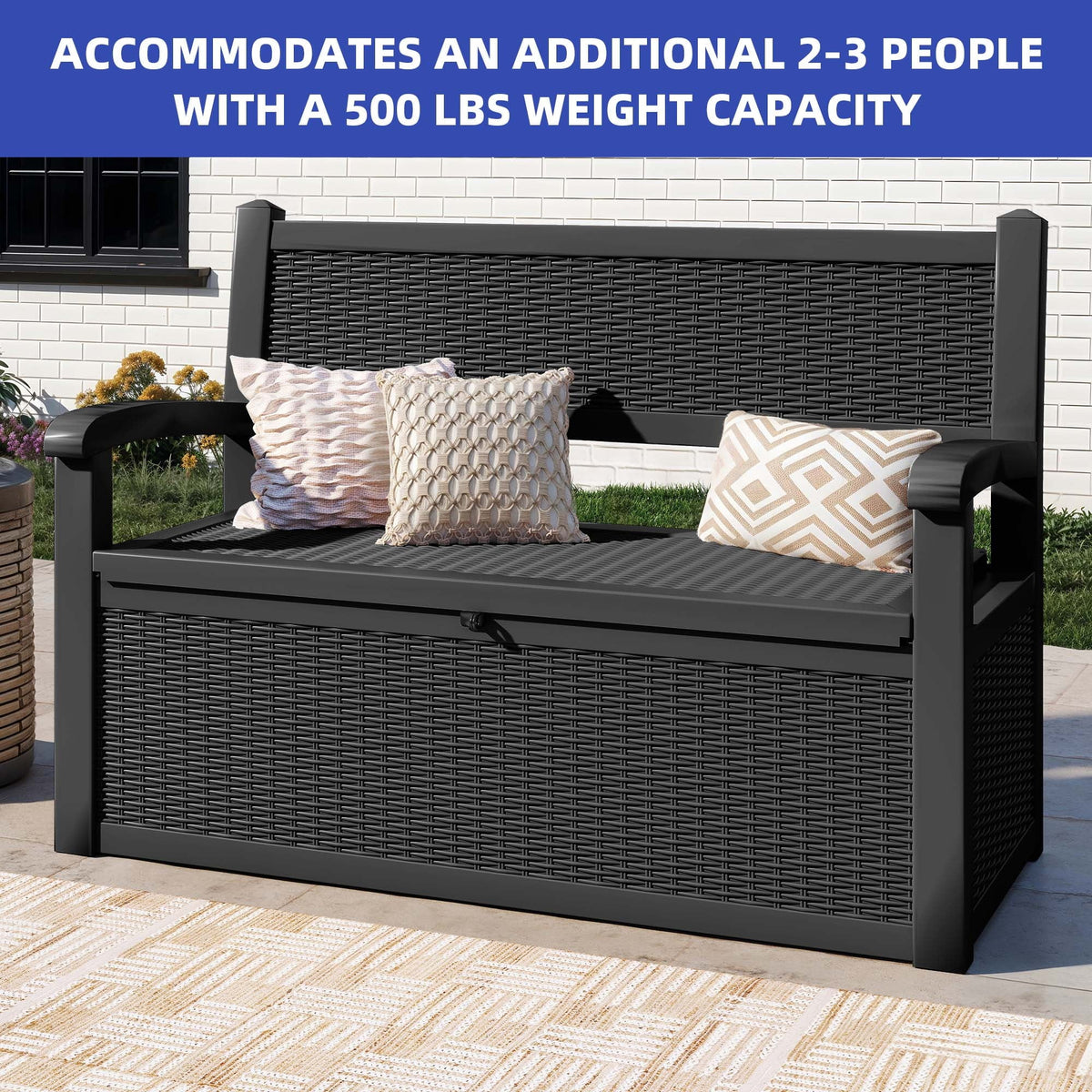 2026 NewModFusion 70-Gallon Outdoor Resin Storage Cabinet with Rattan Backrest �C Waterproof Patio Bench Seat, 500 lbs Capacity, Black
