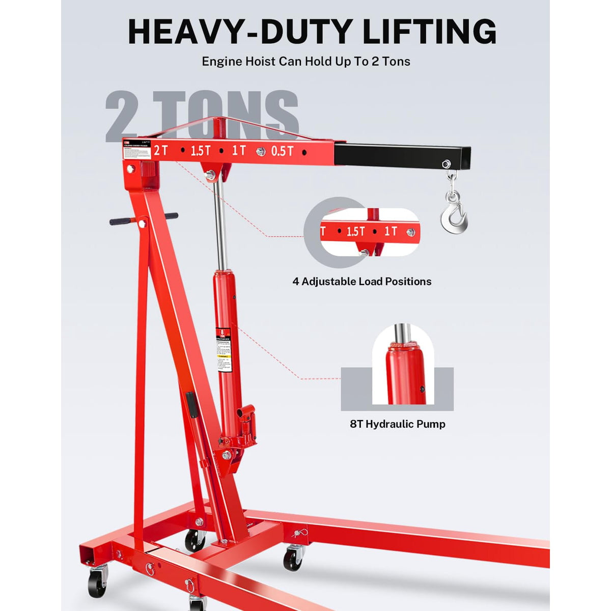 2-Ton Folding Hydraulic Shop Crane w/6 Steel Casters – Portable Engine Hoist for Cars, Tractors, Boats | 4-Height Adjustable Boom, Rust-Proof (4400LB Capacity)