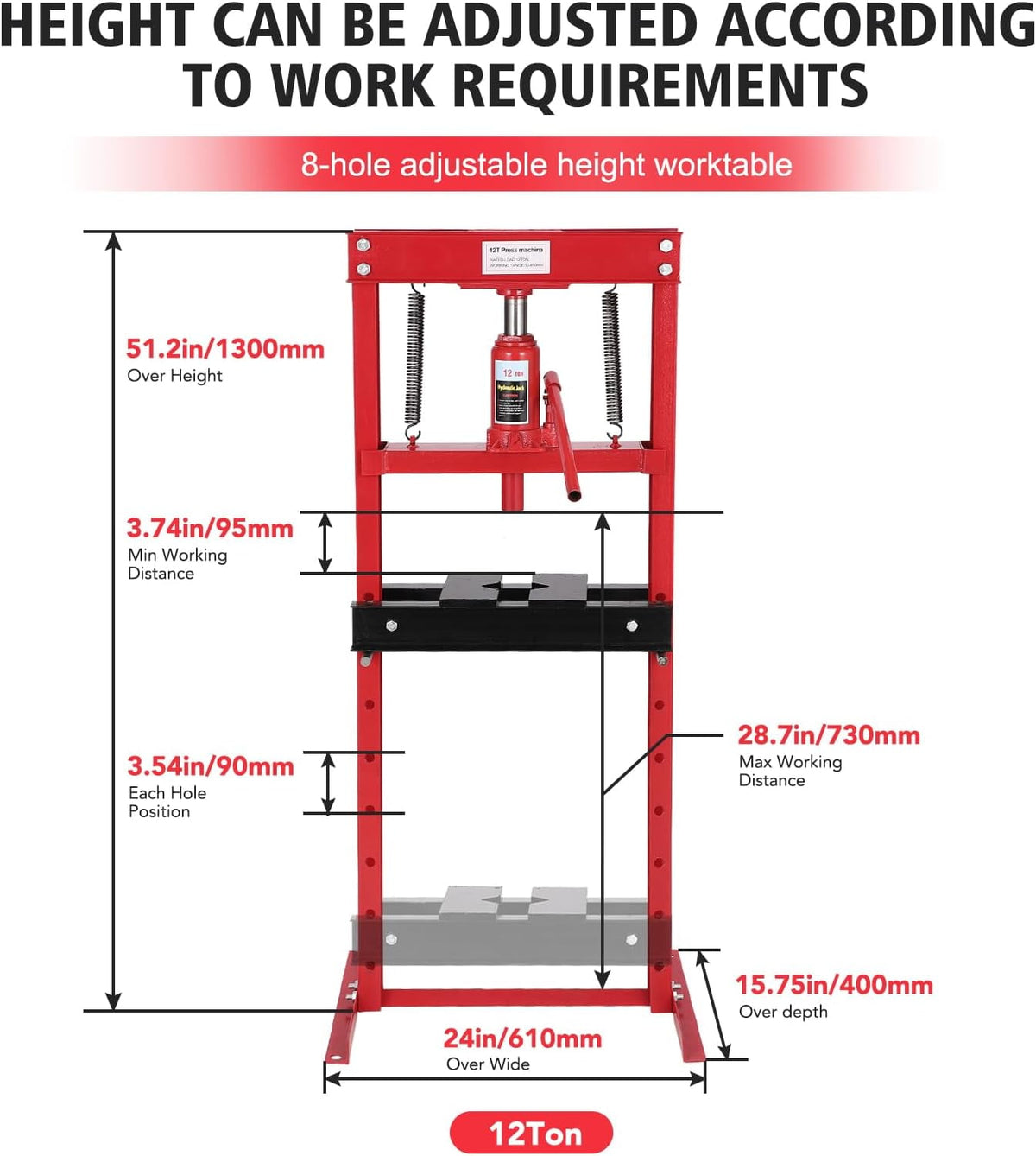 Hydraulic Shop Press, 12 T H-Frame Garage Floor Shop Press Adjustable Hydraulic Press with Press Plates, Red