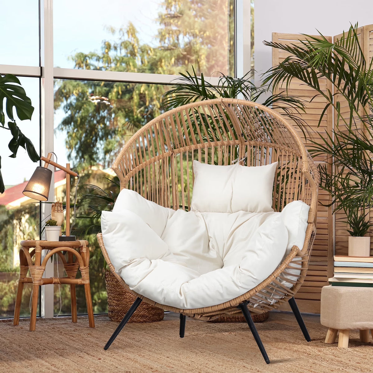 2026 NewWalsunny Egg Chairs Outdoor Patio Wicker Oversized Egg Shell Lounger Lawn Chair with Cushion for Indoor Outside Porch Balcony Backyard, Original Wood Color Rattan Beige Cushion