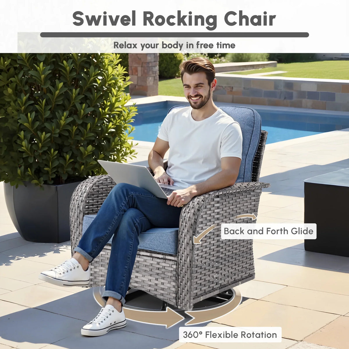 2026 NewOvios 5 Pieces Outdoor Patio Furniture Set High Back All Weather Wicker Conversation Set with Swivel Chairs & Coffee Table, Dark Gray