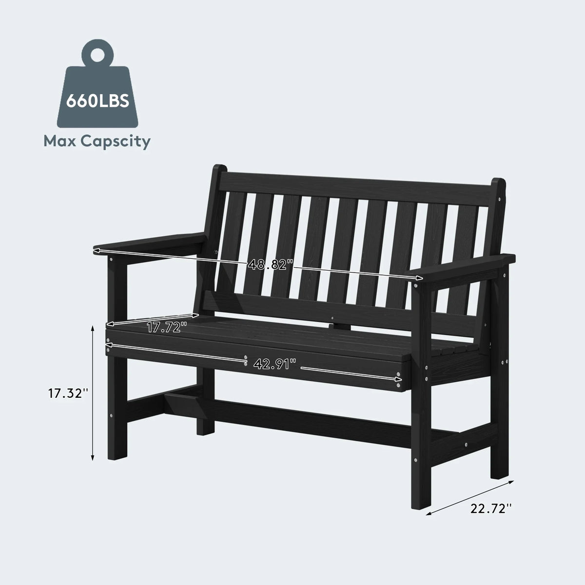 2026 NewSERWALL Outdoor Bench for 2-Person, Weather-Resistant HDPE with Aluminum Reinforcement, Supports 660 lbs, Comfortable Seating for Patio, Garden, and Porch, Black