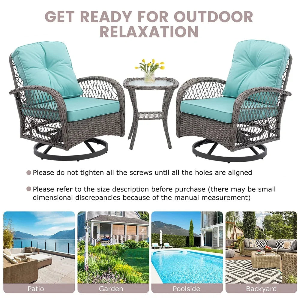 2026 New3 Piece Patio Swivel Rocker Chairs Set, 2 360-Degree Swivel Rocking Chairs with 1 Glass Top Table, PE Rattan Outdoor Bistro Set with Cushions for Balcony Deck Poolside Backyard Porch