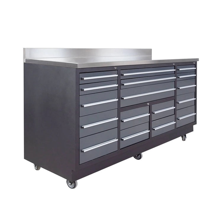 TMG Industrial 17-Drawer Workbench, 7-Ft, TMG Heavy Series, Stainless Steel Top, Ball Bearing Double Slides & Casters, TMG-WB717