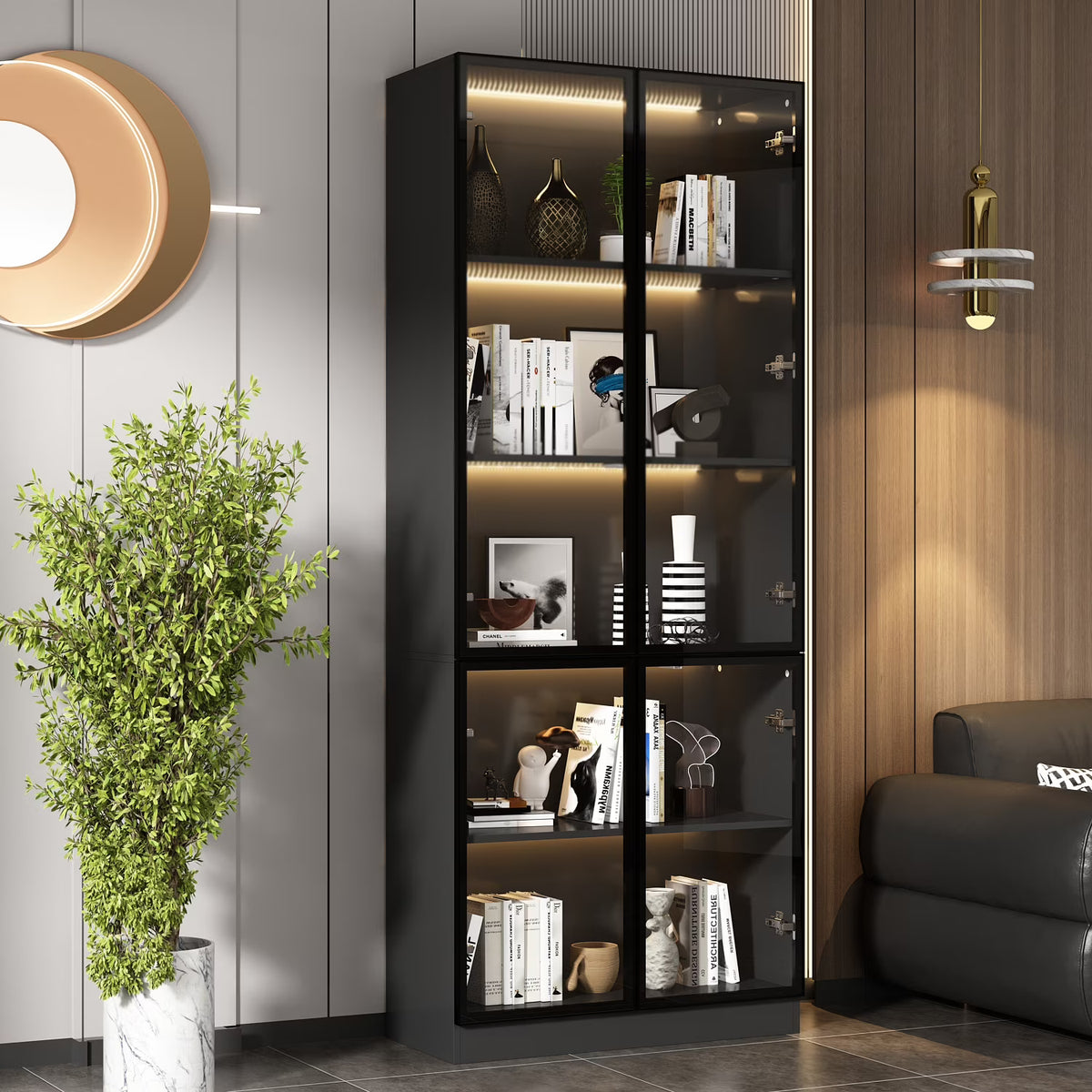 2026 NewKULAGAGA Bookcases Organizer with LED Lights, Heavy Duty Display Cabinet with Glass Door for Living Room, 31.5" Wide