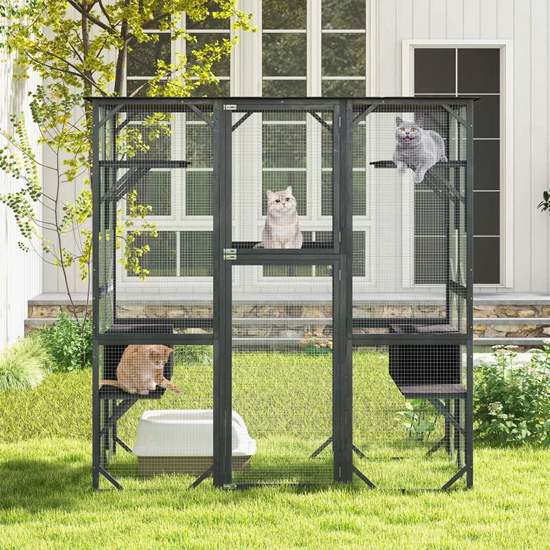 71" Tall Large Cat House Outdoor Catio Kitty Enclosure, Walk-in Cat Kennel Condo, Wooden Cat Cage Playpen with 7 Platforms