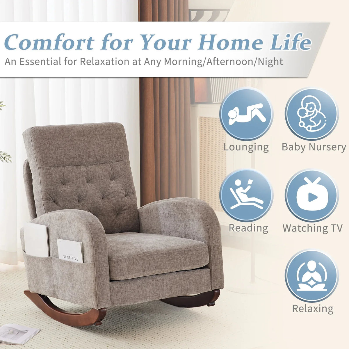 2026 NewKtaxon Rocking Accent Chair Glider Reading Chair Comfy Teddy Velvet Upholstered Single Sofa Rocker for Living Room, Nursery, Bedroom Beige