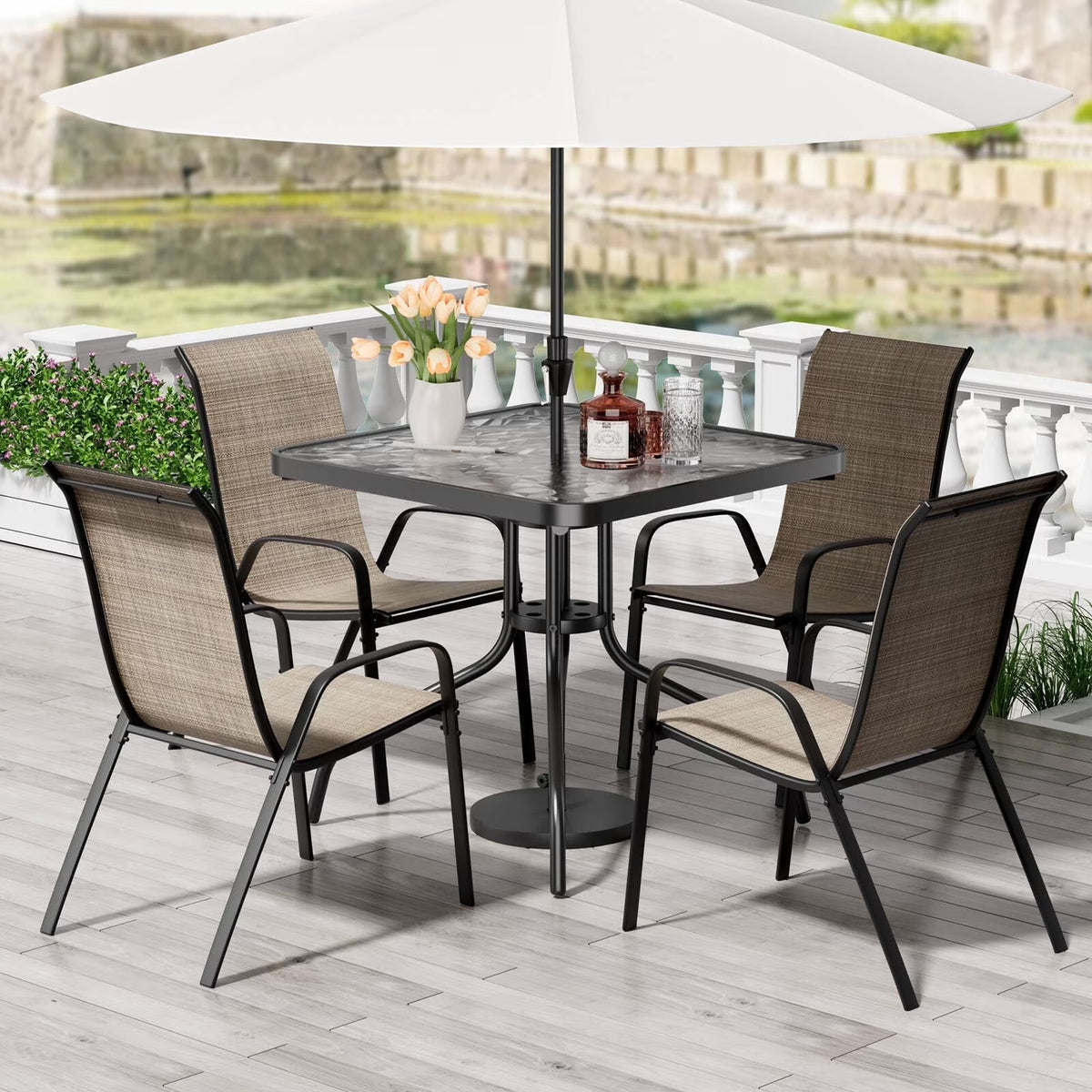 2026 NewPirecart 5-Piece Outdoor Patio Dining Table Set with 4 Stackable Textilene Chairs for for Patio, Lawn, Garden, Gray
