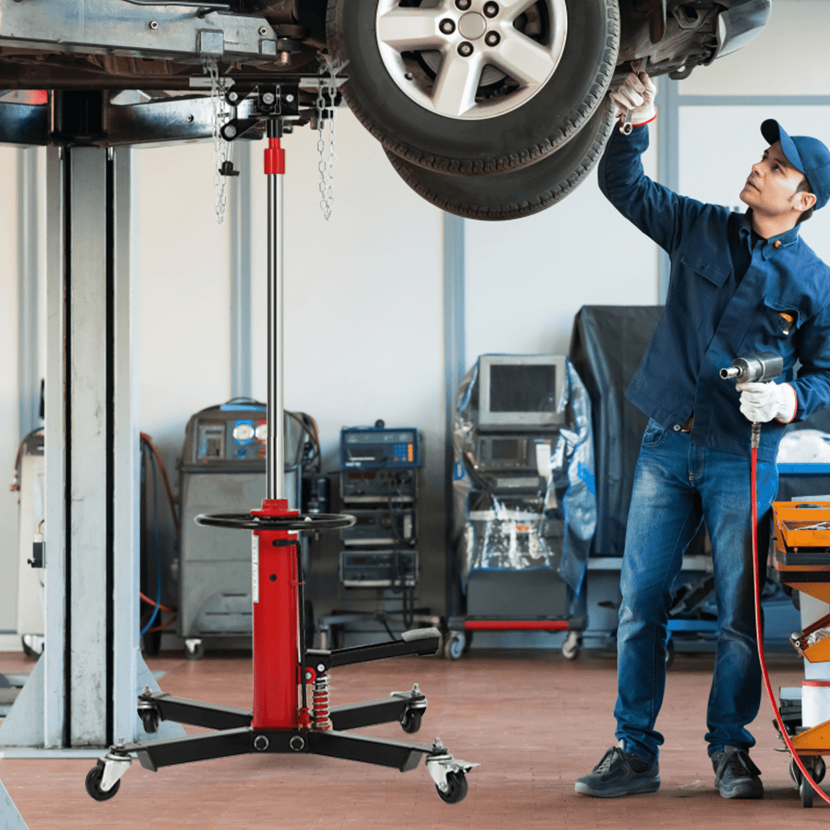1100 lb Hydraulic Transmission Jack with 360° Wheels, Telescoping Lift 34"-68" for Garage, Heavy-Duty Transmission Stand