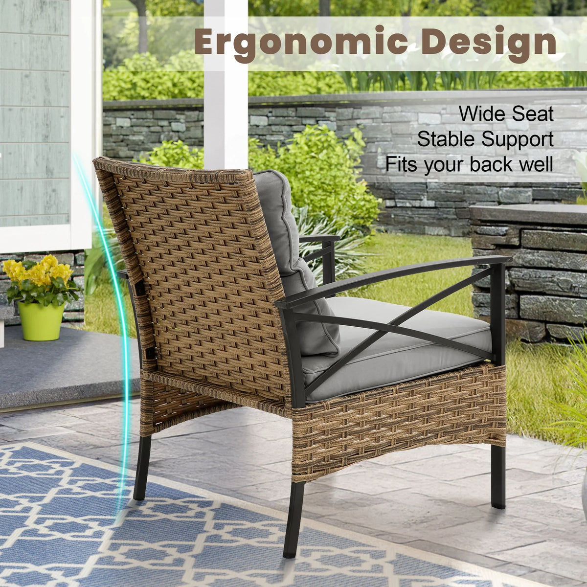 2026 NewHeavy-duty Patio Furniture Set, 4 Piece Outdoor Sectional Conversation Sets, BrownPE Rattan Patio Sofa Set with Blue Cushions