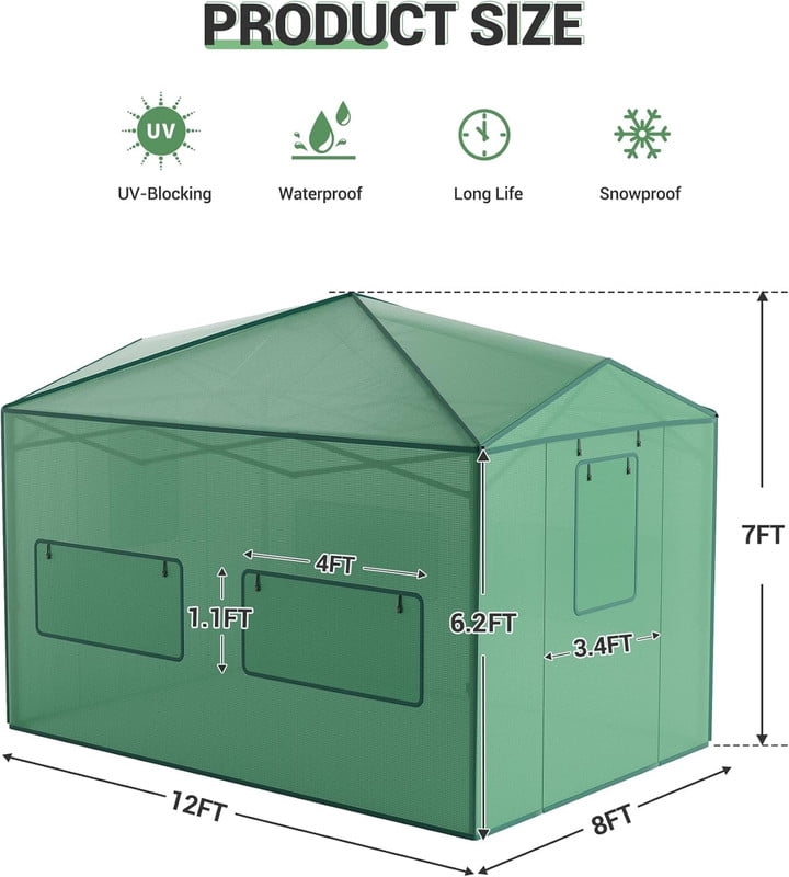 Instant Pop-Up Walk-In Greenhouse – Portable Plant Hot House with Galvanized Steel Frame, PE Cover, Roll-Up Zipper Door, Ground Pegs & Ropes for Stability