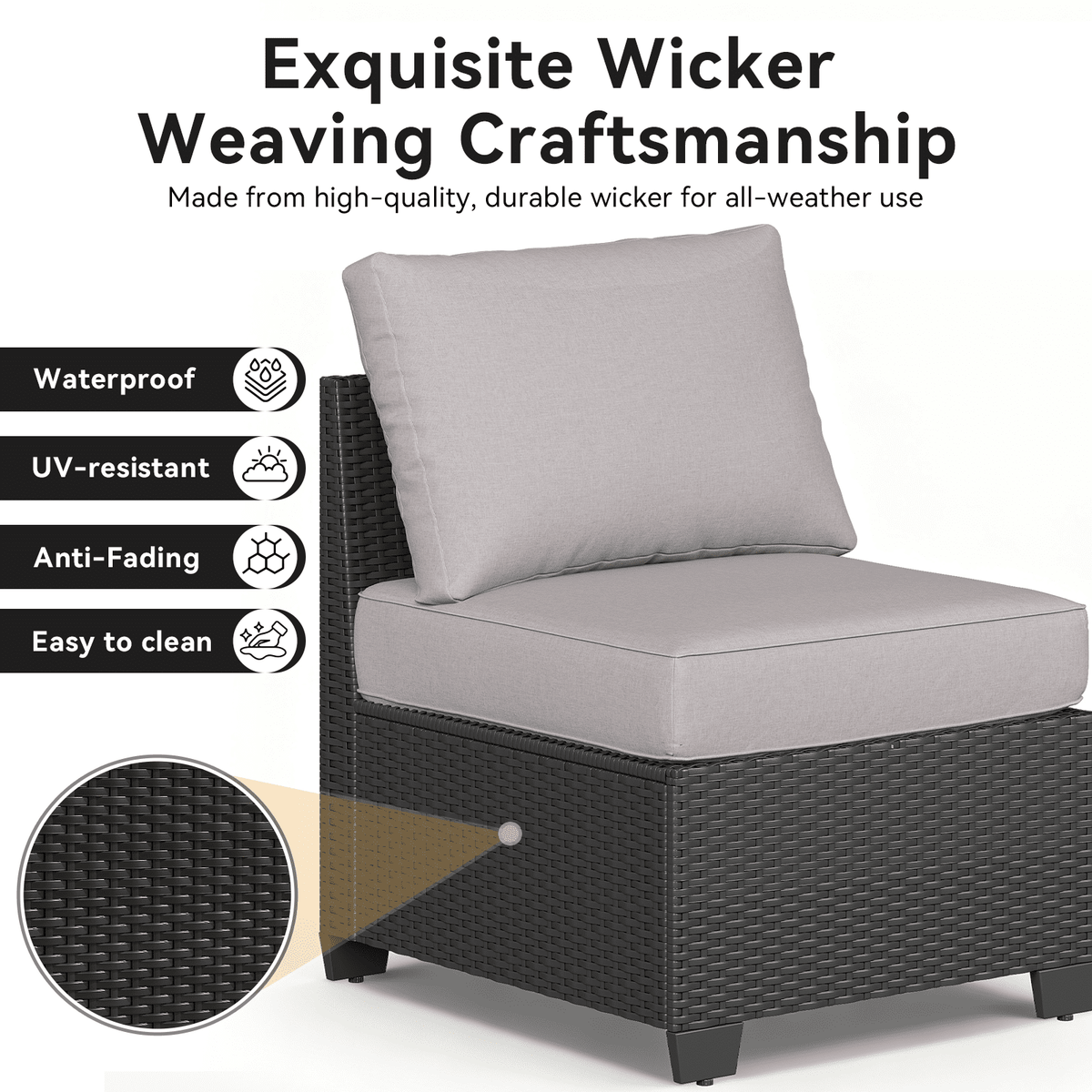 Clouddwell 6-Piece Outdoor Patio Set, 8-Inches Widen Armrest, All-Weather Wicker Sectional with Coffee Table, Grey
