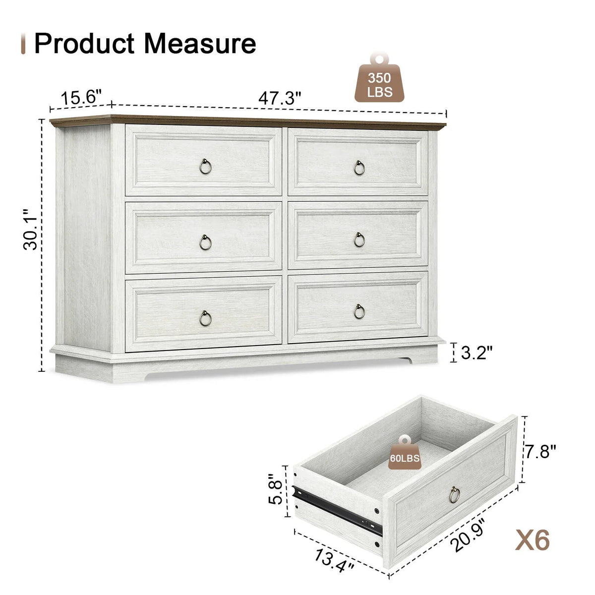 2026 NewFAGAGA 6 Drawers Dresser for Living Room,Storage Cabinet Wooden Dressers Organizer for Bedroom,White