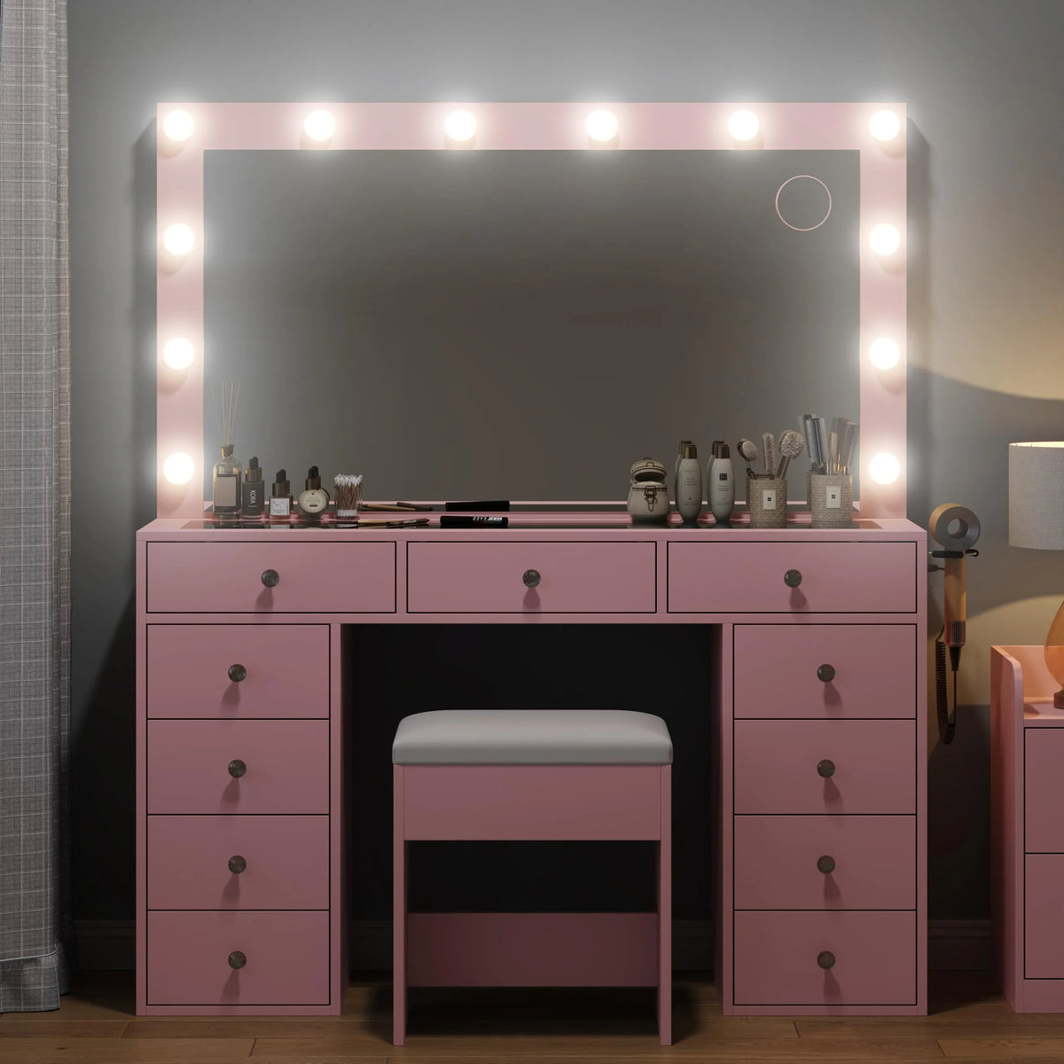 2026 NewWhite Vanity Desk with Illuminated Mirror & Power Outlet, 11 Drawers Vanity Table with Chair, Makeup Vanity with 12 LED Lights, Tempered Glass Top, Dressing Table for Bedroom,Dressing Room