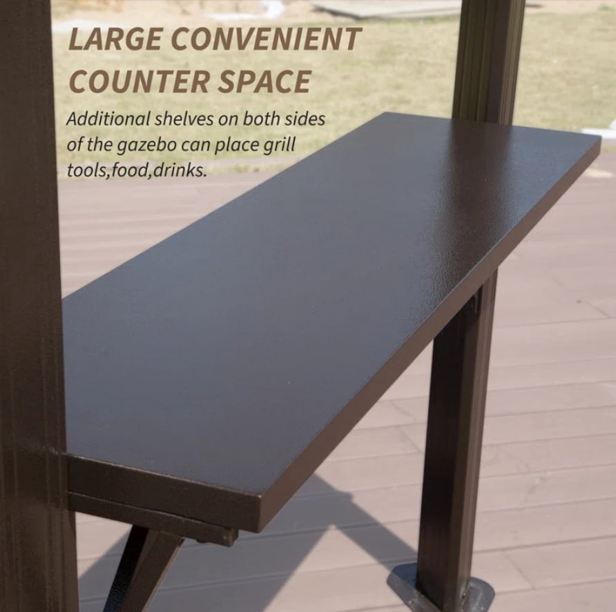Domi 8x5 ft BBQ Gazebo, Aluminum Frame with Shelves & Serving Tables, Double Roof Hardtop Grill Shelter for Patio, Backyard & Garden, Brown